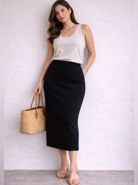 Vintage Black Knit Pencil Skirt XL Minimalist Capsule Wardrobe Quiet Luxury
